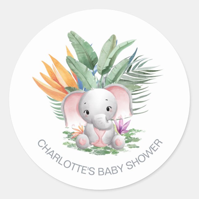 Pegatina Redonda Baby Shower de Elefante Rosa (Anverso)
