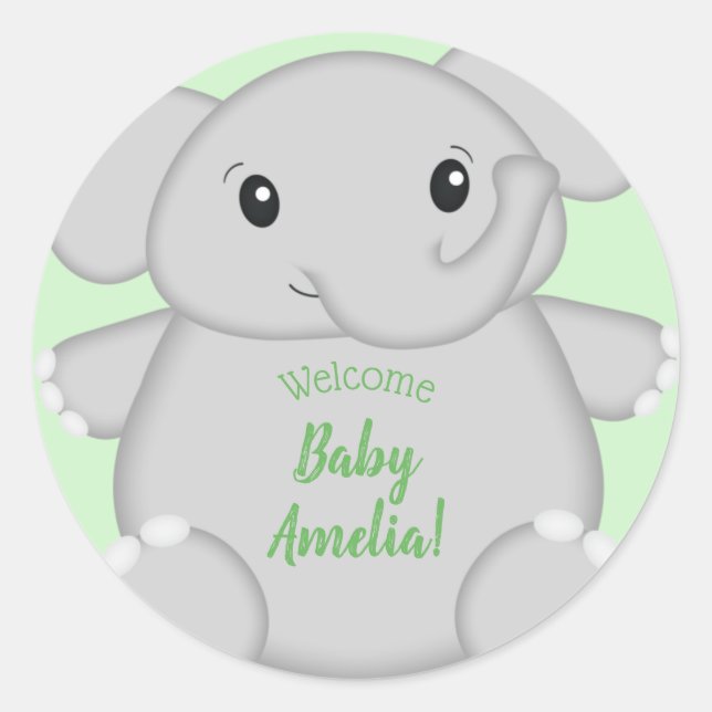 Pegatina Redonda Baby Shower de Elefante Verde (Anverso)
