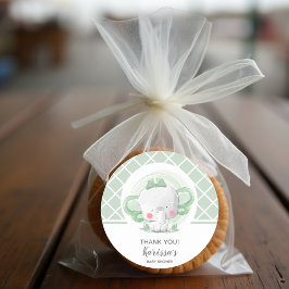 Pegatina Redonda Baby Shower de elefante verde unisex