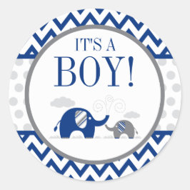 Pegatina Redonda Baby Shower de Elephant Navy Blue Gray Boy