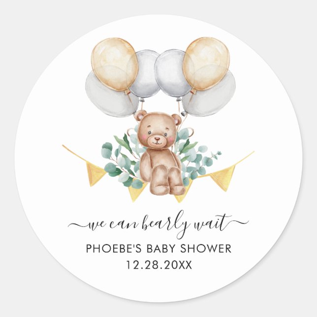 Pegatina Redonda Baby Shower de Eucalyptus Bear Balloons (Anverso)