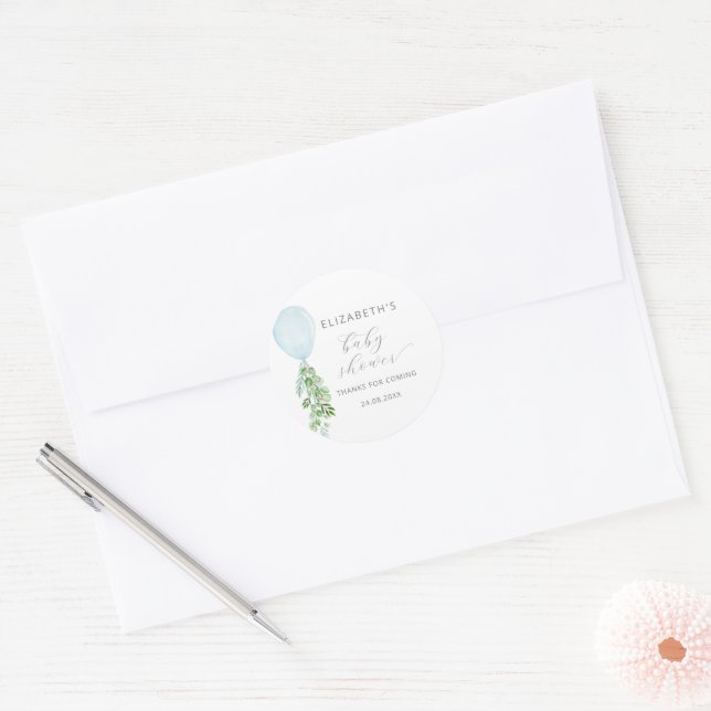 Pegatina Redonda Baby Shower de Eucalyptus Blue Balloon (Sobre)