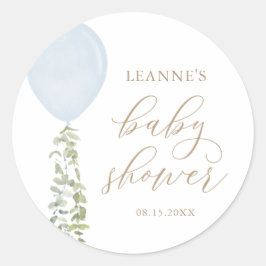 Pegatina Redonda Baby Shower de Eucalyptus Blue Balloon