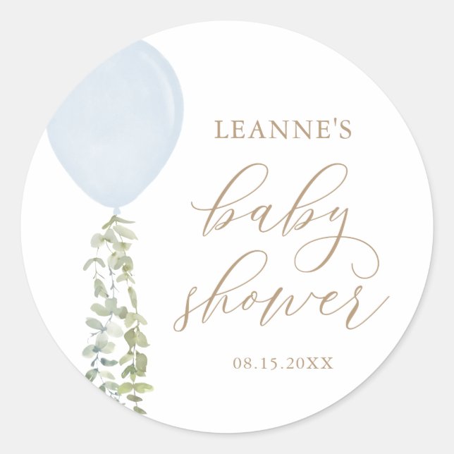 Pegatina Redonda Baby Shower de Eucalyptus Blue Balloon (Anverso)
