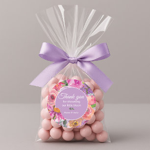 Pegatina Redonda Baby Shower de flor morada rosada pequeña