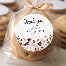 Pegatina Redonda Baby Shower de Flor Silvestre de Calabaza de Otoño