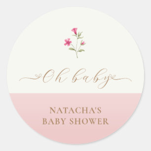 Pegatina Redonda Baby Shower de flor silvestre Minimalista rosa