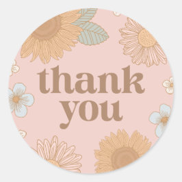 Pegatina Redonda Baby Shower de Flor Silvestre Retro Gracias