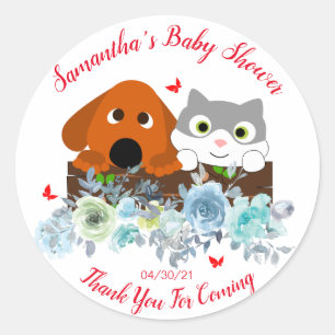 Pegatina Redonda Baby Shower De Flores Azules De Gato Y Perro