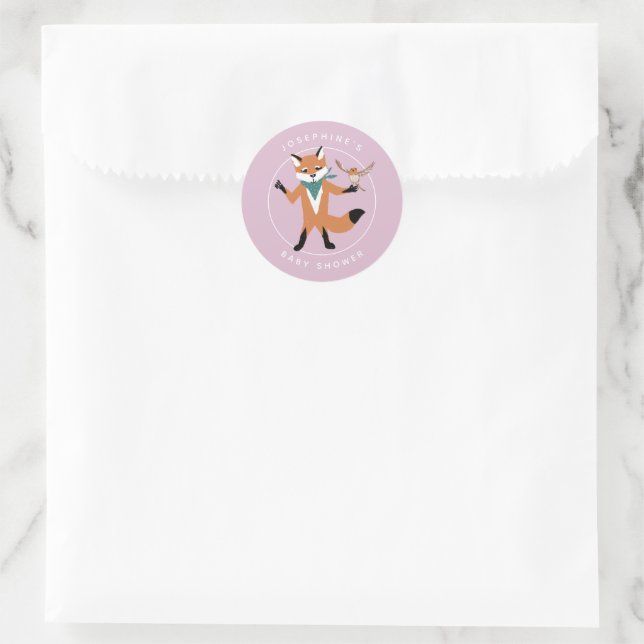 Pegatina Redonda Baby Shower de Fox Forest Friends Lavender (Bolso)