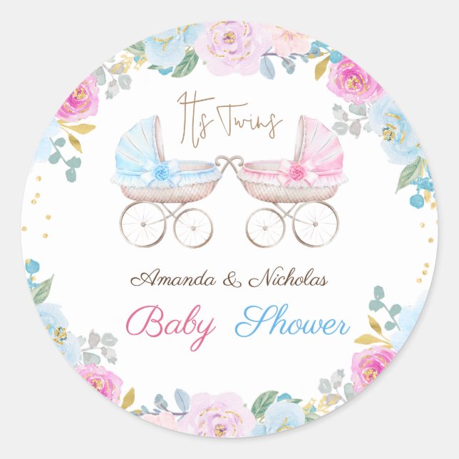 Pegatina Redonda Baby Shower de gemelos (Anverso)