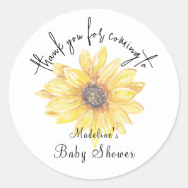 Pegatina Redonda Baby Shower de girasol amarillo floral gracias