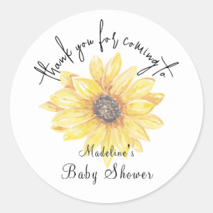 Pegatina Redonda Baby Shower de girasol amarillo floral gracias