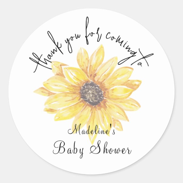 Pegatina Redonda Baby Shower de girasol amarillo floral gracias (Anverso)
