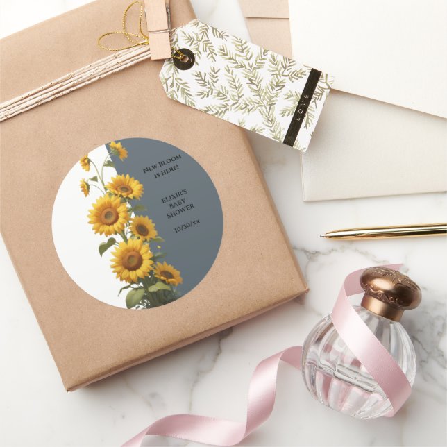 Pegatina Redonda Baby Shower de girasol azul (Regalar)