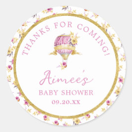 Pegatina Redonda Baby Shower de globo aerostático rosa personalizad