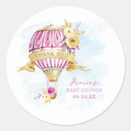 Pegatina Redonda Baby Shower de globo aerostático rosa personalizad