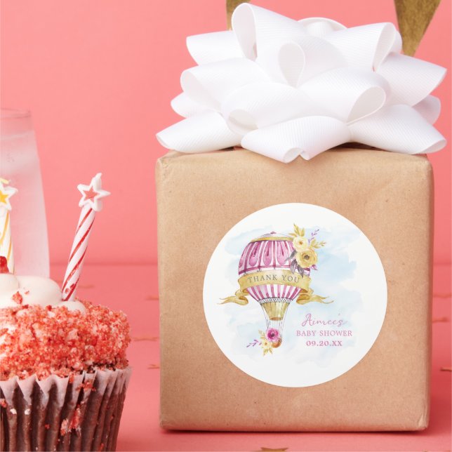 Pegatina Redonda Baby Shower de globo aerostático rosa personalizad (Fiesta)