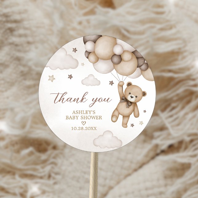 Pegatina Redonda Baby Shower de globo Bear Brown (Brown Bear Balloon Baby Shower Sticker)