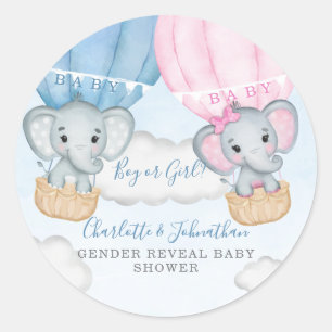 Pegatina Redonda Baby Shower de globo de elefante revelado por géne