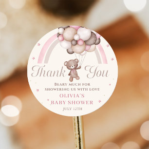 Pegatina Redonda Baby Shower de globo de oso rosa arcoiris Teddy Be