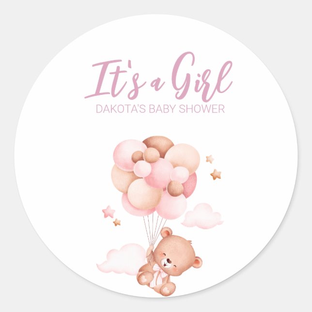 Pegatina Redonda Baby Shower de globo de oso rosa Teddy (Anverso)