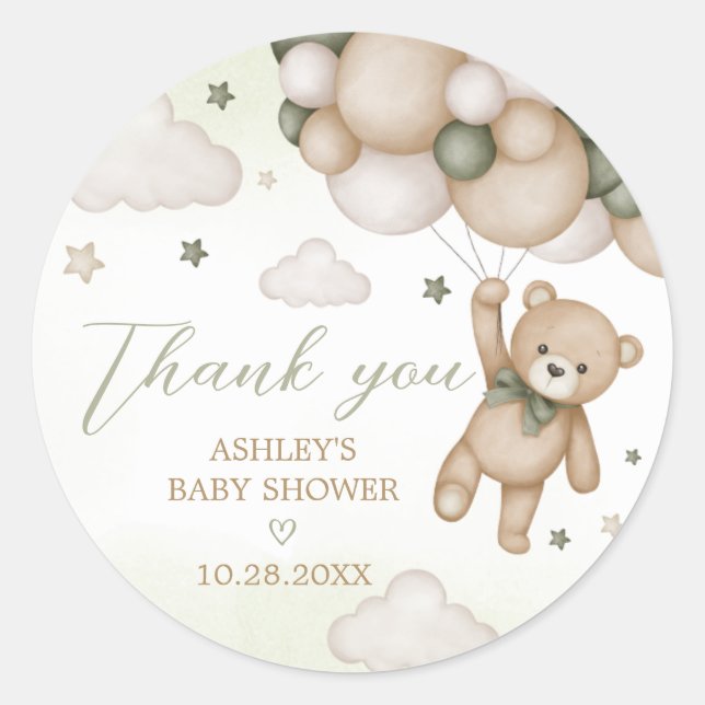 Pegatina Redonda Baby Shower de globo de oso verde (Anverso)