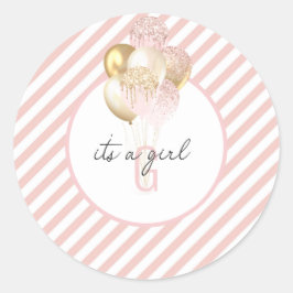 Pegatina Redonda Baby Shower de globos rosados y dorados