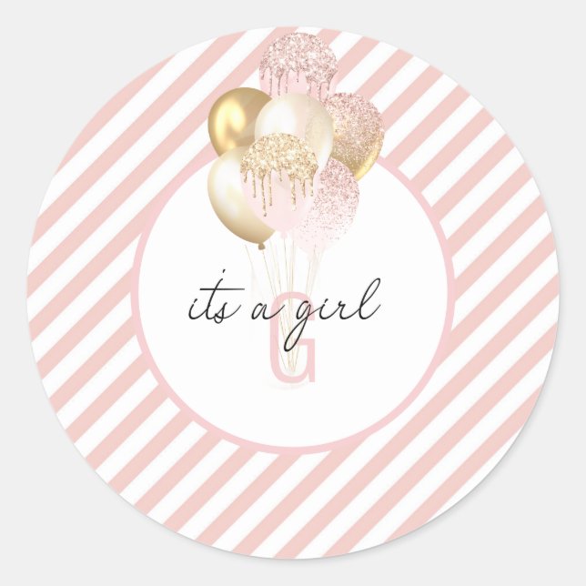Pegatina Redonda Baby Shower de globos rosados y dorados (Anverso)