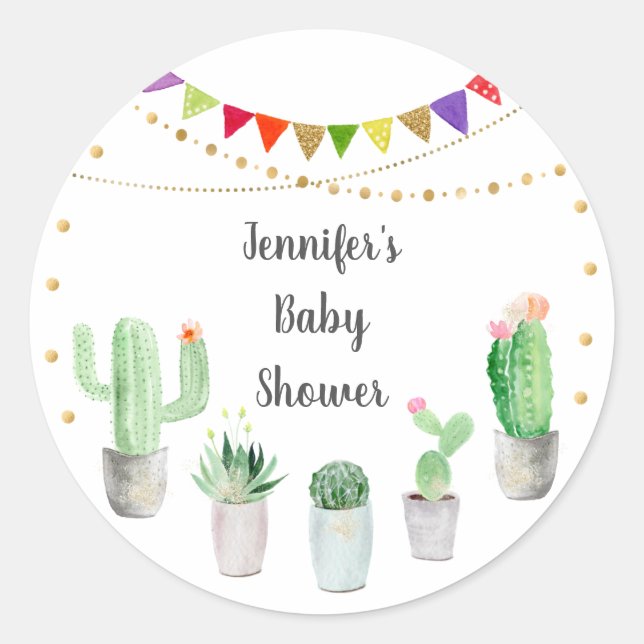 Pegatina Redonda Baby Shower de Gold Fiesta Cactus (Anverso)