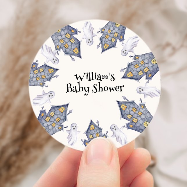 Pegatina Redonda Baby Shower de Halloween de la casa fantasma (Ghost House Halloween Baby Shower Classic Round Sticker)