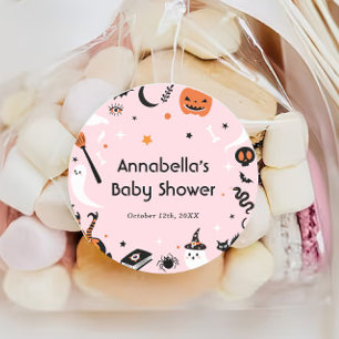 Pegatina Redonda Baby Shower de Halloween rosa