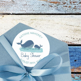 Pegatina Redonda Baby Shower de Happy Whale Personalized Boy