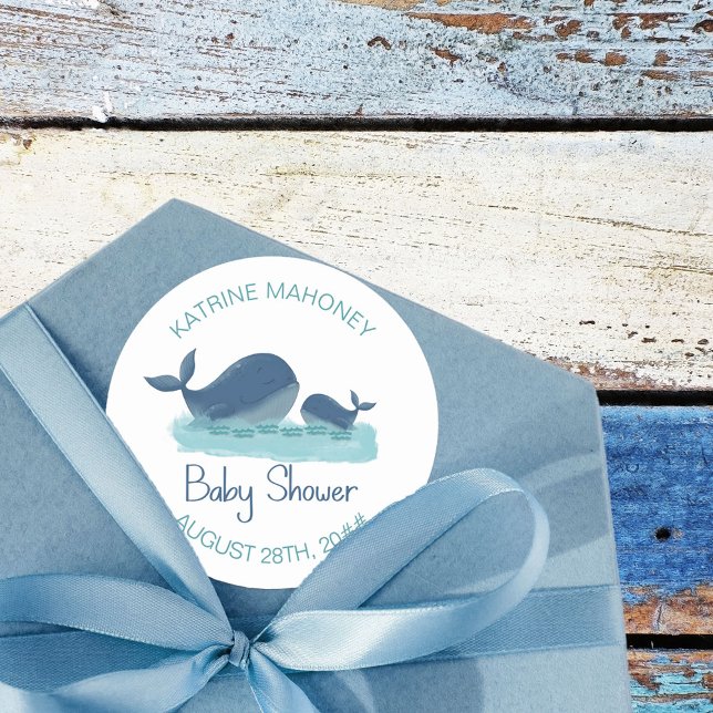 Pegatina Redonda Baby Shower de Happy Whale Personalized Boy (Whale baby shower stickers from my Happy Whale collection. Message if you need different items.)