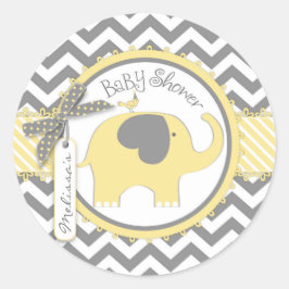 Pegatina Redonda Baby Shower de impresión de elefante amarillo y ch
