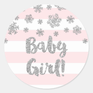 Pegatina Redonda Baby Shower de invierno con paro rosado plateado c