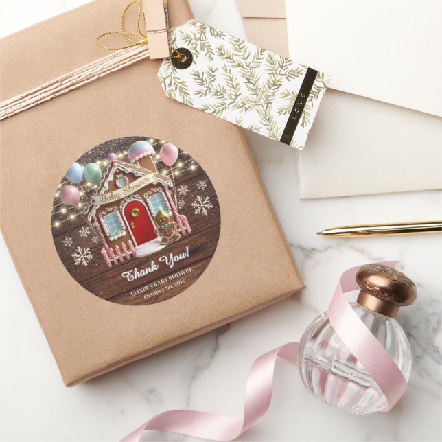 Pegatina Redonda Baby Shower de la casa de Gingerbread Rustic Winte (Regalar)