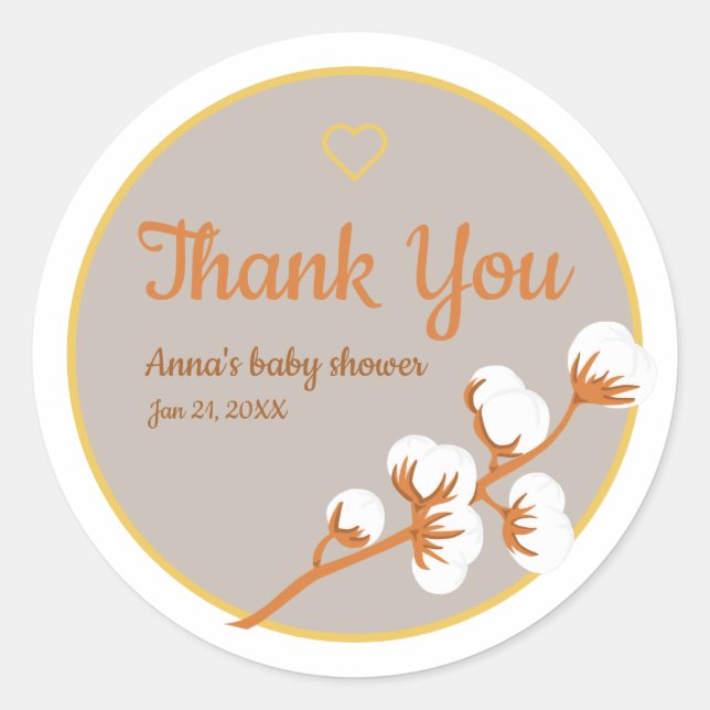 Pegatina Redonda Baby Shower de la rama de algodón (Anverso)