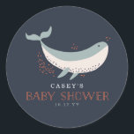 Pegatina Redonda Baby Shower de la vida marina<br><div class="desc">Diseño vectorial de vida marina de Shelby Allison con escuelas de peces de colores vivos nadando alrededor de una ballena sobre un fondo azul oscuro de mar profundo.</div>