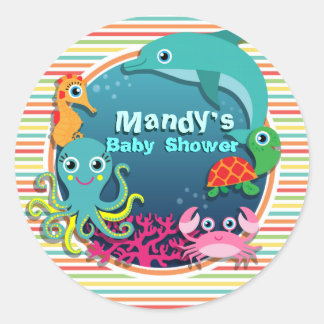 Pegatina Redonda Baby Shower de la vida marina, brillantes franjas