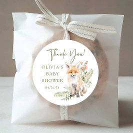 Pegatina Redonda Baby Shower de la zorra delgada de la naturaleza