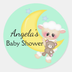Pegatina Redonda Baby Shower de Lamb and Crescent Moon