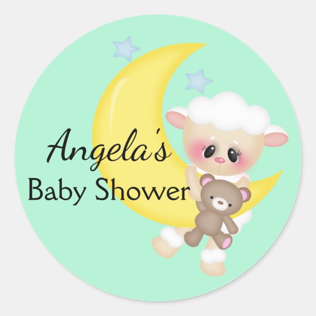 Pegatina Redonda Baby Shower de Lamb and Crescent Moon (Anverso)