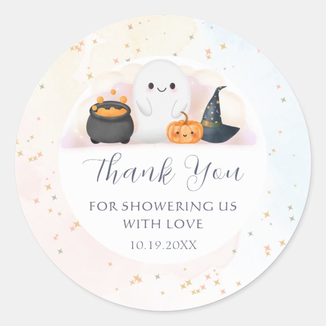 Pegatina Redonda Baby Shower de Little Boo de Halloween (Anverso)