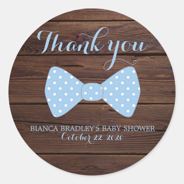 Pegatina Redonda Baby Shower de Little Man | Rustic Wood Bowtie (Anverso)