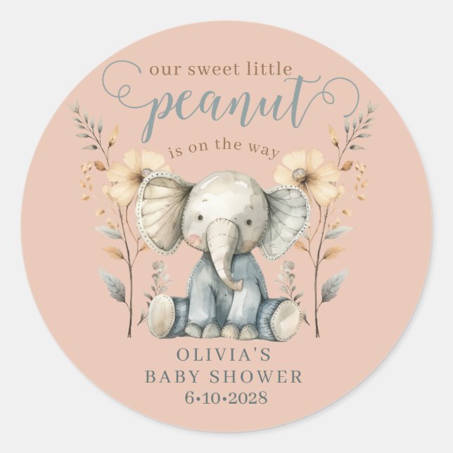 Pegatina Redonda Baby Shower de Little Peanut Elephant (Anverso)