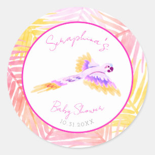 Pegatina Redonda Baby Shower de loro tropical hawaiano rosa
