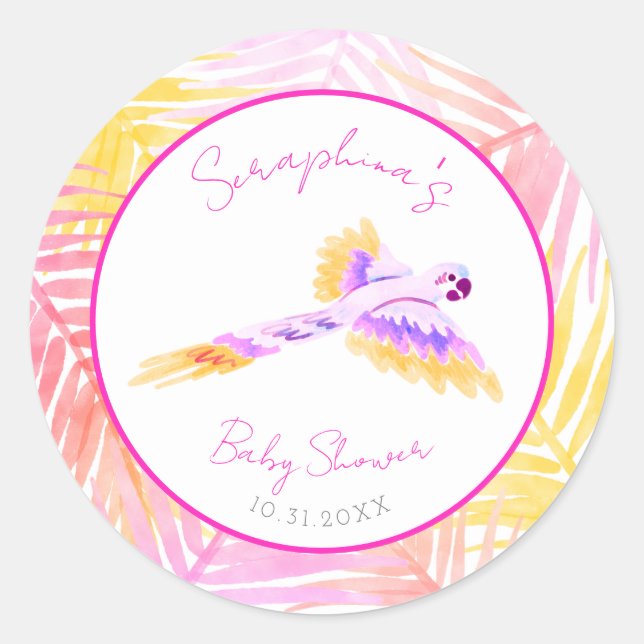 Pegatina Redonda Baby Shower de loro tropical hawaiano rosa (Anverso)