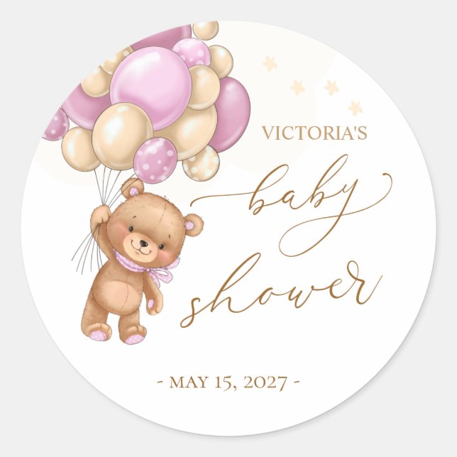 Pegatina Redonda Baby Shower de los globos rosados de Teddy Bear (Anverso)