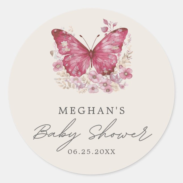 Pegatina Redonda Baby Shower de mariposa (Anverso)